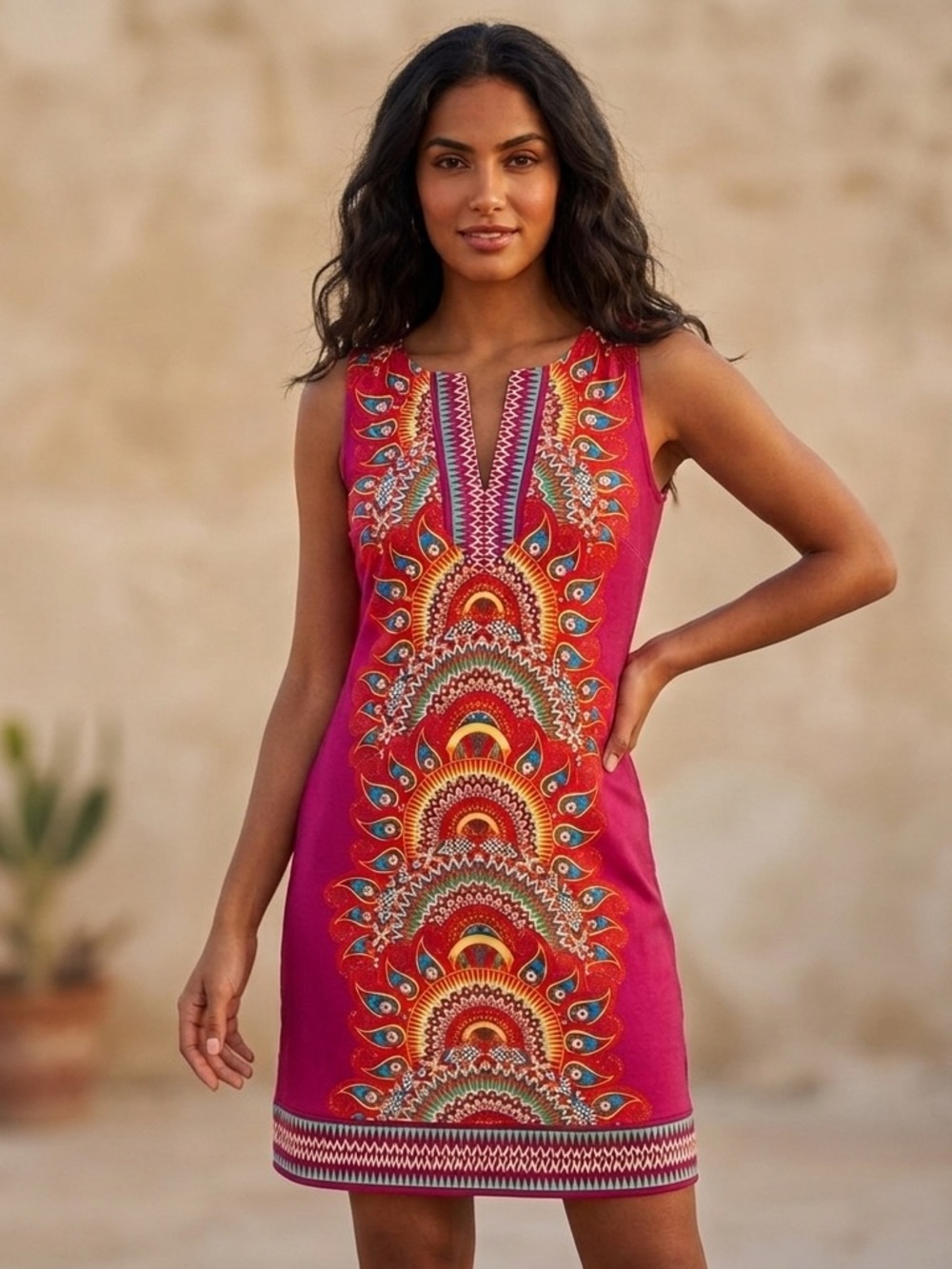 New York & Company Magenta Sleeveless Shift Dress with Multicolor Print small